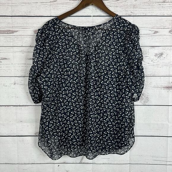 J Crew Blouse Womens Blue Metallic Floral Puff Sleeve Office Career Lined Top - Picture 4 of 11